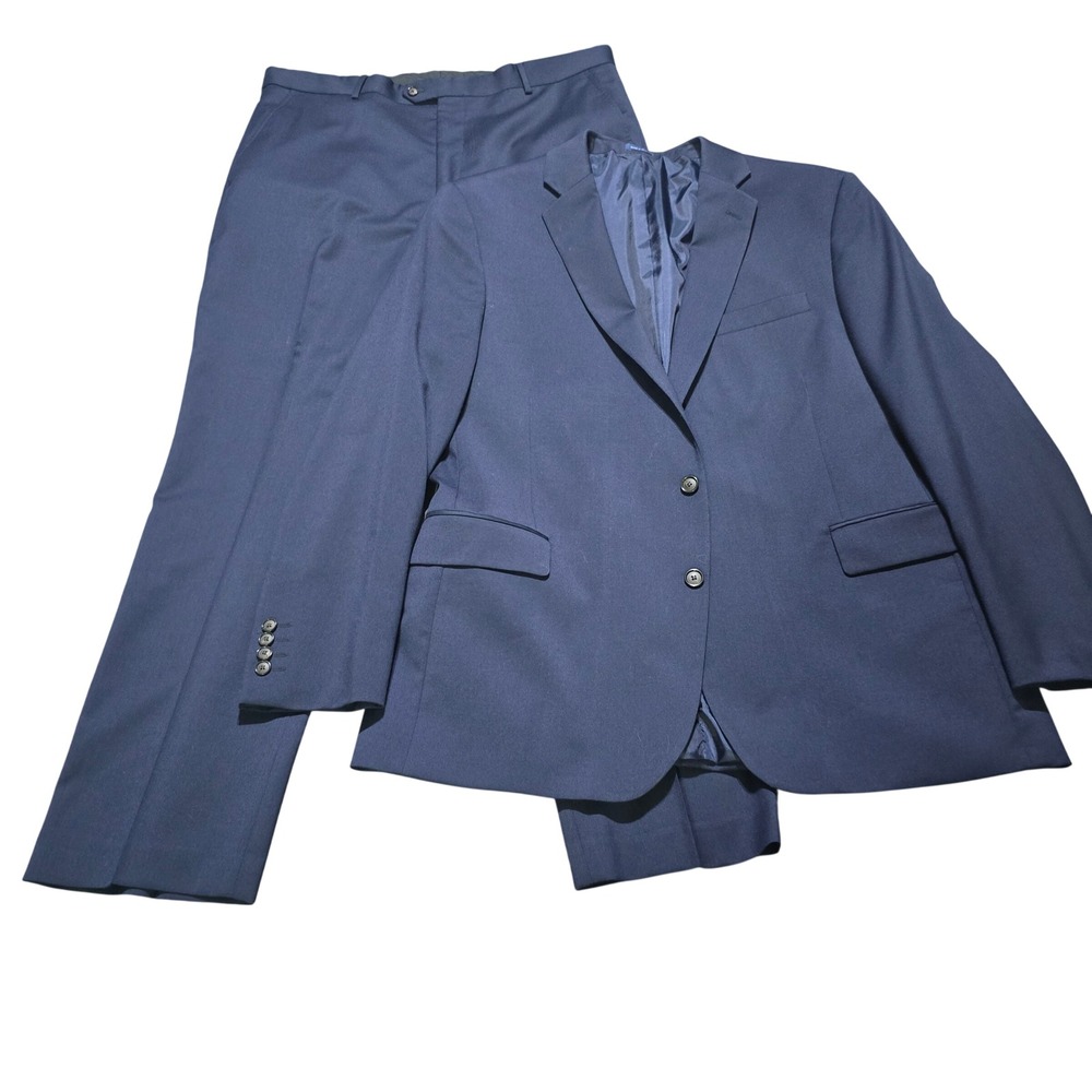 Stafford Suit Set Men 48R 38x31 Navy Blue Wool Blend Classic Fit 2 Piece Jacket
